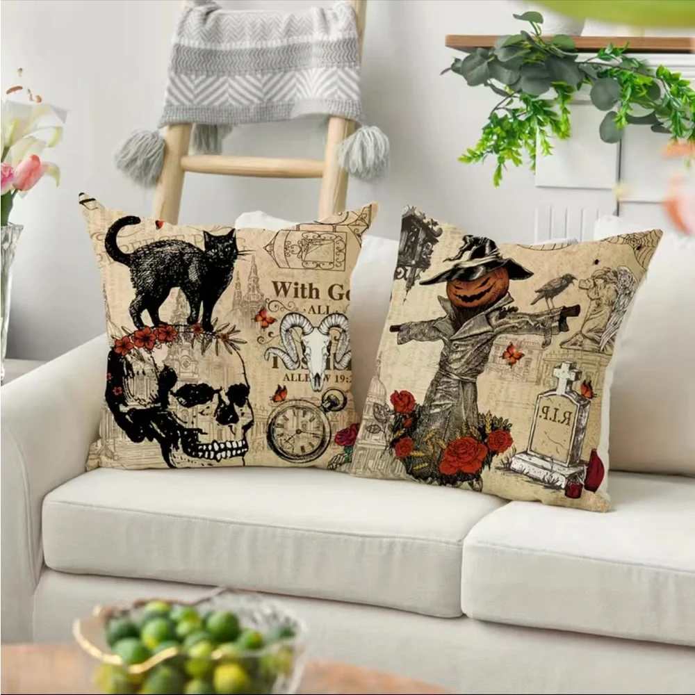 4pcs Vintage Halloween Throw Pillow Covers For Black Cat/Crow/Pumpkin/Skull Thro